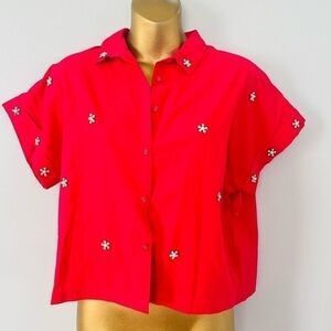 Coastal chic beaded button up short sleeve top